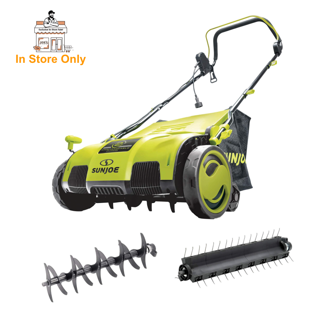 167b0df2c3b1153c02c089495e6d814796bbb0c826f220864bb4a93cf9181d84-1.png Restored Sun Joe AJ805E | In-Store Exclusive | 15-Inch, 13-Amp, Electric Dethatcher and Scarifier, With Removable 13.2-Gal Collection Bag, 5-Position Height Adjustment (Remanufactured) - Image 1